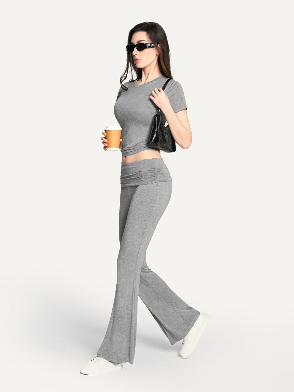 Motarto Women's 2 Piece Lounge Sets Short Sleeve Slim Fit Foldover Flare Pants Crop Top Casual Loungewear PJ - Image 3