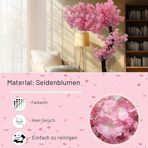 Lebensechter künstlicher Kirschblütenbaum, großer handgefertigter künstlicher Baum mit realistischen Blüten, großer dekorativer Wunschbaum für Innen- und Außenbereich, Zuhause, Büro, Party und
