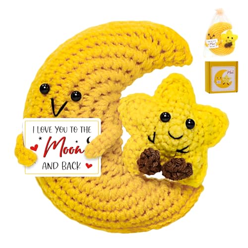Crochet Moon Stars Love Gift Handmade Positive Crochet Star Animal Set with Box Tulle Bag Best Friends Long Distance Couple I Love You to the Moon and Back Birthday Gift for Woman Man Adult Family