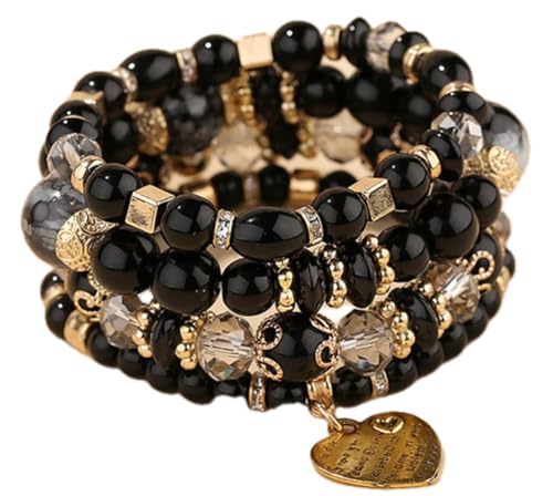 Jewellify Women's Beaded Bracelet Set - Colorful Boho Stackable Design with Crystal Accents - Trendy Fashion Bracelets Jewelry for Women, Alloy, no gem type (Black)