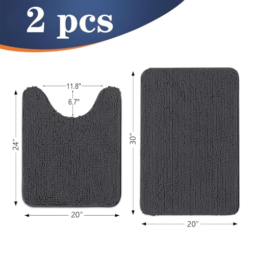 Image of OLANLY Bathroom Rugs Sets 2 Piece, Soft Absorbent Chenille Bath Mats and U-Shaped Contour Toilet Rug, Non-Slip, Machine Washable Bath Carpet, Home Decor Accessories(30 inchx20 inch+24 inchx20 inch, Dark Grey)