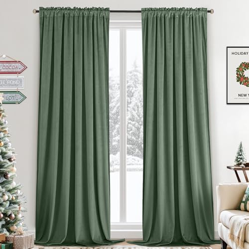 Image of Yakamok Velvet Curtains 84 inches 2 Panels - Luxury Room Darkening Sage Green Curtains for Bedroom Living Room Boho Thermal Insulated Super Soft Window Drapes Rod Pocket, Olive Green, W52 x L84 inches