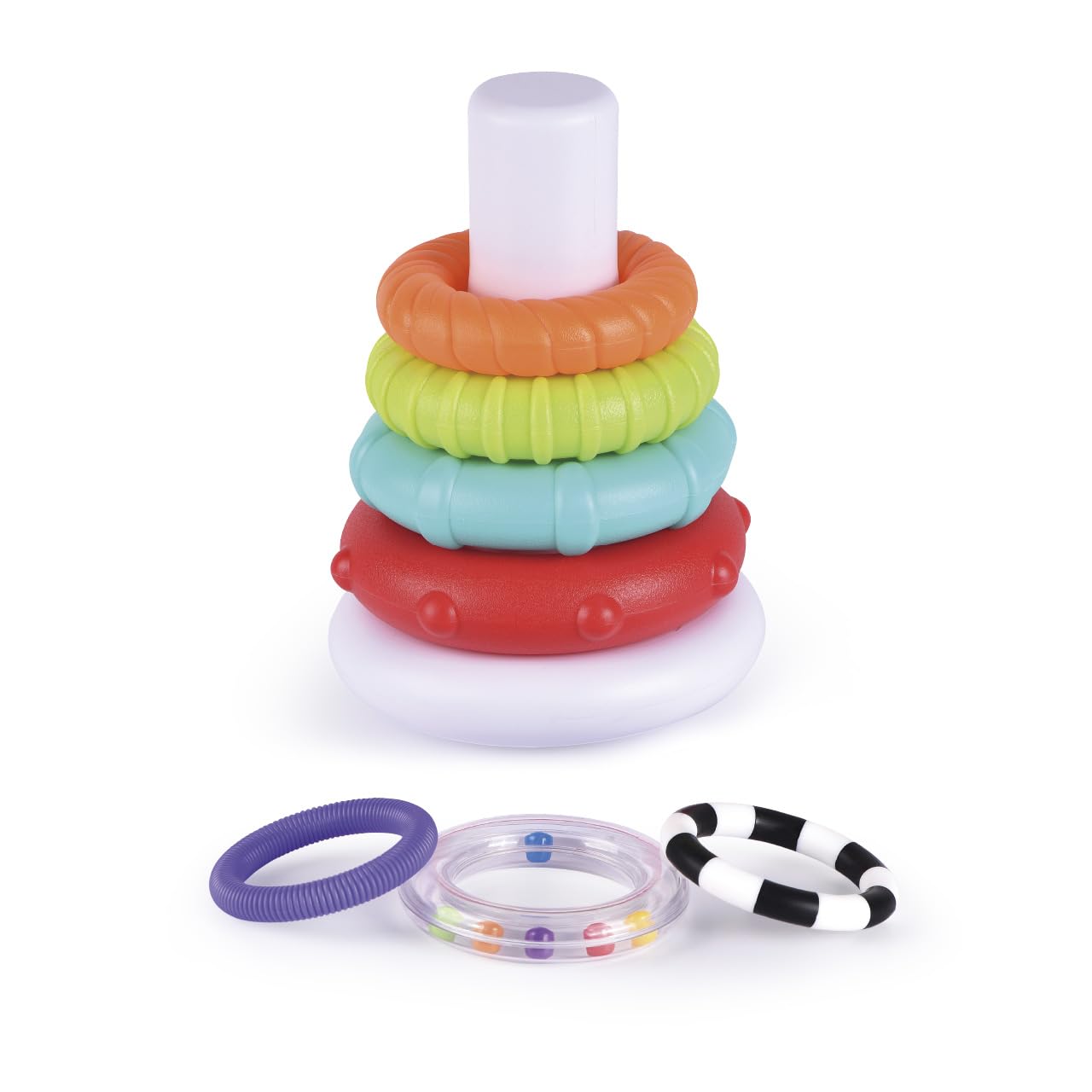 TACHAN - Juego Aros apilables - Pirámide balanceante Anillos - Incluye 7 Anillos - Diferentes tamaños y Texturas (CPA Toy Group 782T00927)