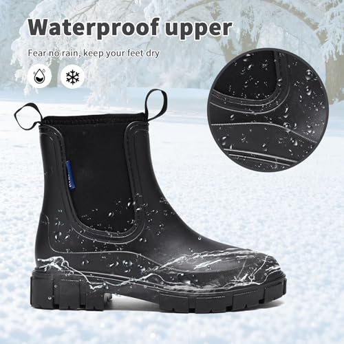 GemChve Gummistiefel Damen Winter, Chelsea Boots Gefüttert Wasserdicht, Gummistiefeletten Halbhohe Gartenschuhe, Rutschsicher Regenschuhe, Abriebfest Komfort Schlupfstiefel Black 38 EU