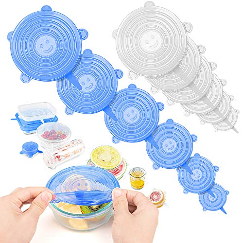 Tikola Silicone Stretch Lids Reusable Food Covers for Bowl Cup, Safe in Microwave Dishwasher Refrigerator, Durable and Expandable, Fit Various Sizes to Keep Food Fresh Eco-friendly 12pcs