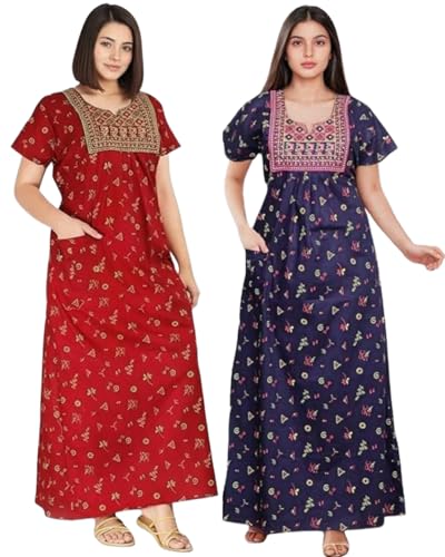 Image of NILOUFO Women's Cotton Jaipuri Nighty Gown - Pack of 2 Rajasthani Print Night Dresses | Maxi Sleepwear with Pocket | Soft Embroidered Loungewear for Ladies