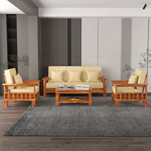 Image of Sheesham Wooden 5 Seater Sofa Set for Living Room | Rosewood Cushion Sofa with Side Newspaper Holder for Home & Office | Solid Wood Sofa Set for Lounge (Honey, 3+1+1 Seater)