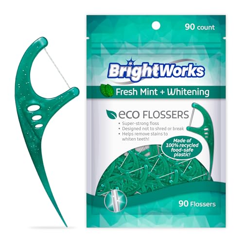 Brightworks ECO Sustainable Floss Picks - 270 Count - Made in USA100% Post-Consumer Recycled Plastic, Super Strong Mint-Flavored Floss with Micro-Crystals