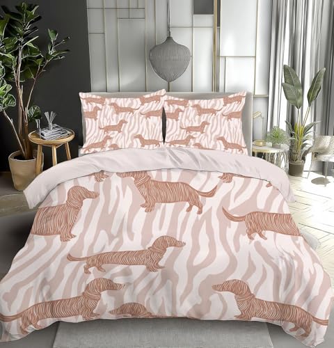 Housse de couette 220x240cm parure de lit microfibre teckel rose beige - 2