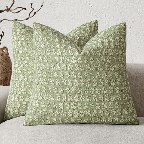 Image of Foindtower Set of 2 Decorative Neutral Floral Print Throw Pillow Covers Vintage Accent Farmhouse Cushion Covers Boho Home Decor for Sofa Couch Chair Bedroom Living Room Outdoor,20x20 Inch,Lime Green