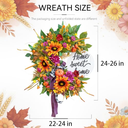 Image of 24 Inch Fall Wreaths for Front Door,Outdoor Autumn Wreath with Sunflowers