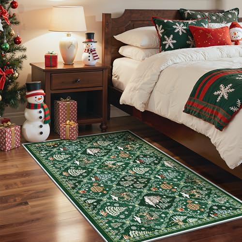 Madane Christmas Area Rug 2x3, Small Washable Green Entryway Carpet Xmas Holiday Decor Accent Kitchen Non Slip Soft Low Pile Floor Doormat Indoor Throw Rug Entry Bedroom Entrance