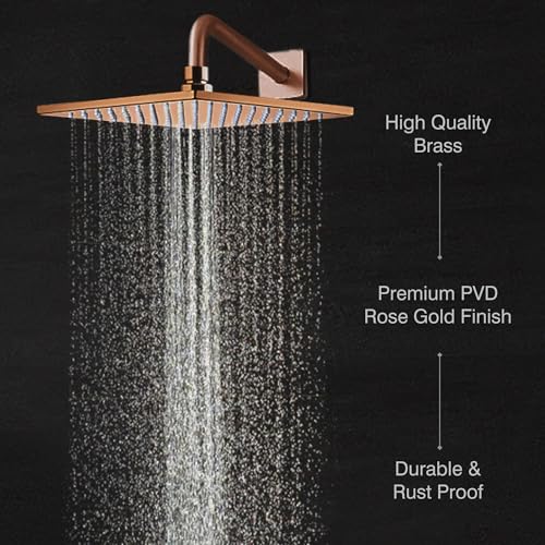 Image of Hindware Italian Collection F160149RGD Overhead Shower for Bathroom | Made of Brass | Wide Head - 200mm | Square Shape | Rain Shower | Color - Rose Gold | Luxury Bathroom Upgrade | High Pressure Rainfall | Home Spa Experience | Anti-Clog Nozzles | Wall & Ceiling Mount Compatible