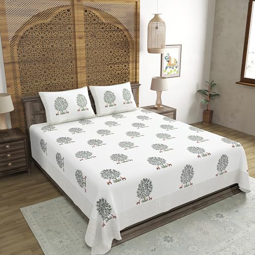 Image of BLOCKS OF INDIA Hand Block Printed 300 TC Cotton Super King Size Bedsheet(106 x 106) (Life Grey)