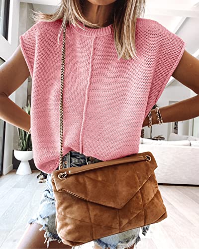 Womens Summer Cap Sleeve Tops Casual Crew Neck Loose Fit Knit Lightweight Sweater Pullover Top Pink3