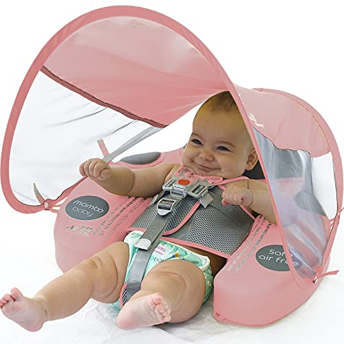 Image of Preself Upgraded Baby Float Non-Inflatable Mambobaby Swim Ring, Infant Soft Solid Swimming Trainer, Baby Pool Float with Removable UPF 50+ UV Sun Protection Canopy (Pink Ladybug)