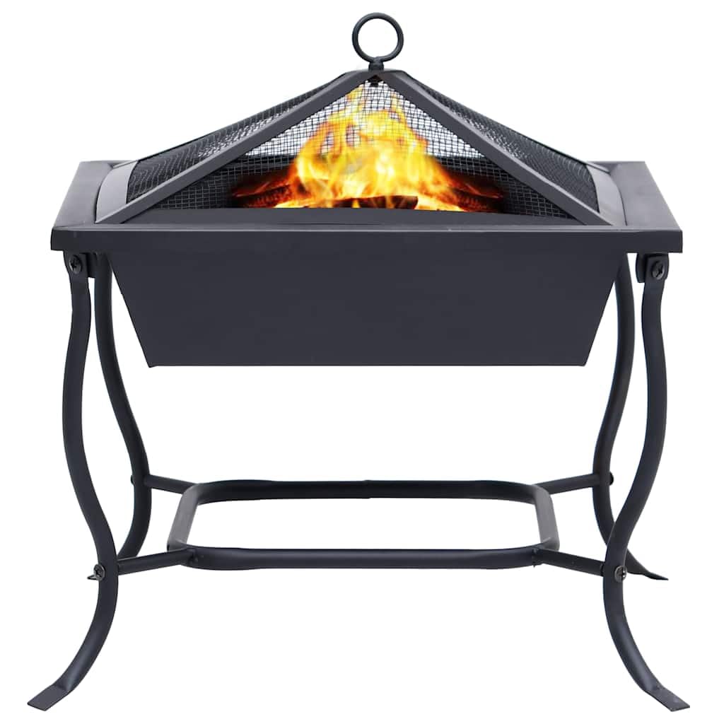 Braciere nero, 42 x 42 x 45 cm, in acciaio verniciato a polvere, con ciotola quadrata, griglia di protezione, attizzatoio in legno e calore, per giardino, terrazza, barbecue