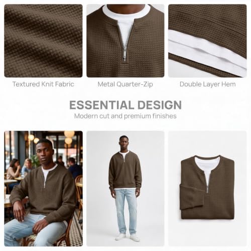 Mens Waffle Long Sleeve Shirt Quarter Zip Pullover Y2k Casual Layered Shirt - image 5