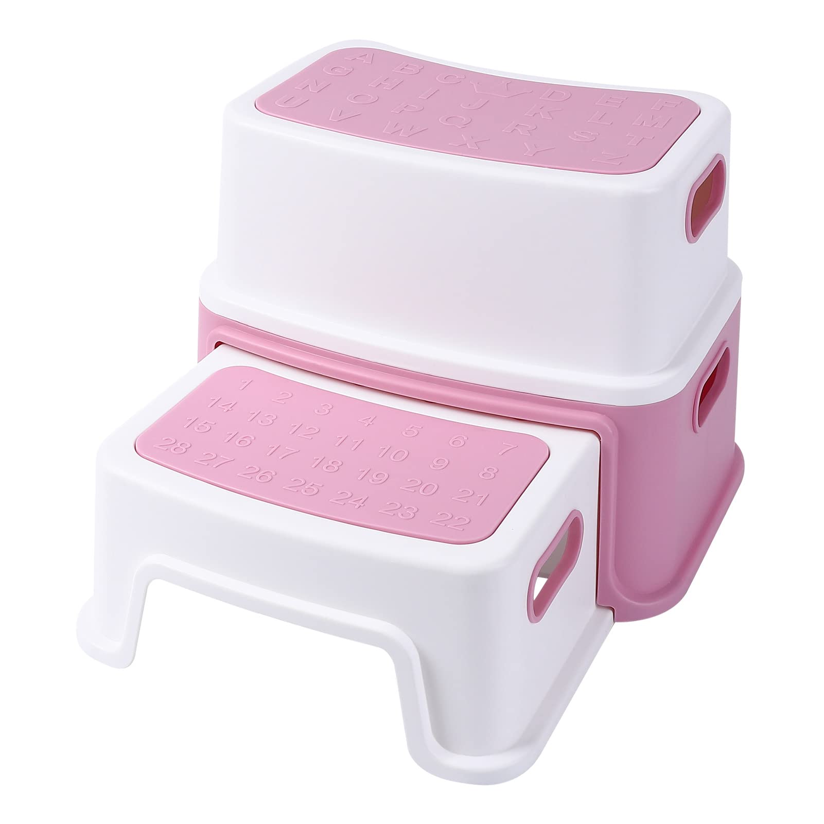 2 Step Stool for Kids, Non-Slip Double Toddler Step Stool with Built-in Carry Handles, Sturdy 2 Up Step Stool for Potty Training, Bathroom Sink & Kitchen, Pink, Supports Up to 150kg