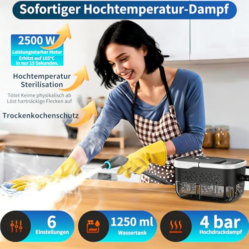 Limpiador a vapor, 6 Velocidades Vaporeta Limpieza de Mano, vaporeta limpieza hogar potente 2500W, 2500ML Limpiador vapor portátil, limpiador de vapor multiusos con 12 accesorios para Cocina,sofá - imagen 2