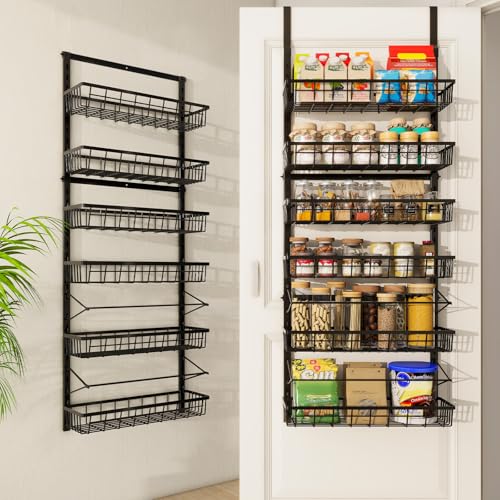 Mefirt Over The Door Pantry Organizer, Pantry Storage and Organization | 6-Tier Adjustable Hanging Baskets, Metal Wall Mount Spice Rack Seasoning Shelves for Home & Kitchen, Laundry Bathroom – Black
