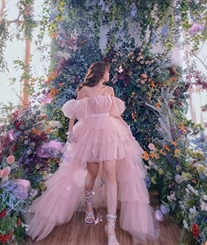 High Low Prom Dresses Tulle Off Shoulder Tiered Ball Gown with Train Formal Evening Party Gowns2