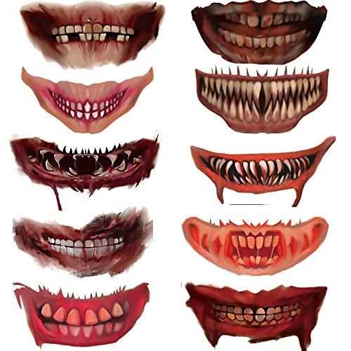 Halloween Mouth Tattoos Temporary for Clown Cosplay(10pcs)Tattoos Face stickers Prank Props for Cosplay Party Halloween Decorations Favor Supplies