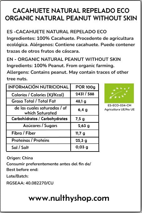 NULTHY - 500gr Cacahuetes Crudos sin Piel - Snack Saludable Rico en Proteínas - Producto Ecológico