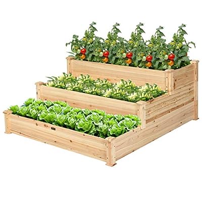 Giantex 3 Tier Raised Garden Bed Outdoor Vegetable and Flowers Planter Kit Elevated Raised Garden Bed Wood Planter No-Bolt Assembly, 49’’x49’’x22 (LxWxH)
