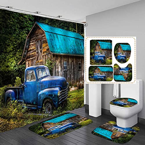 Camille&Andrew 4PCS Farmhouse Shower Curtain Set, Blue Farm Truck Pickup Truck Old Vintage Antique Car Barn Sheep Farm Animals Green Tree Country Rustic Bathroom Decor, Non-Slip Bath Mat Toilet Rug