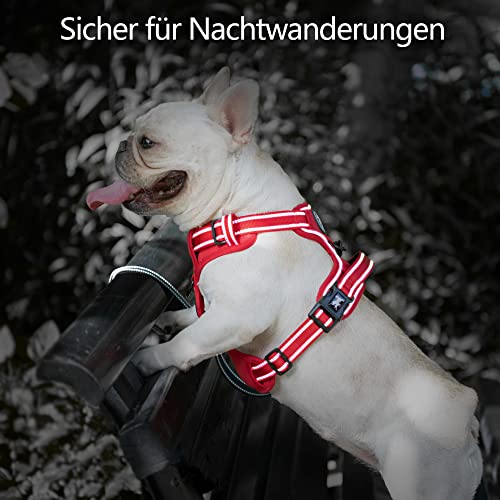 PoyPet Hundegeschirr ohne Zug, reflektierendes Hundegeschirr für Hunde ohne Würgen, verstellbare, weich gepolsterte Haustierweste mit einfachem Steuergriff für kleine Hunde (Rot Passender Trimmen, S)