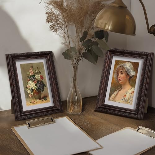 Image of eletecpro 5x7 Vintage Picture Frame, Glass Cover, Brown, 2-Pack | Display Photo 4x6 with Mat or 5x7 without, Horizontal or Vertical, Tabletop or Wall Decor