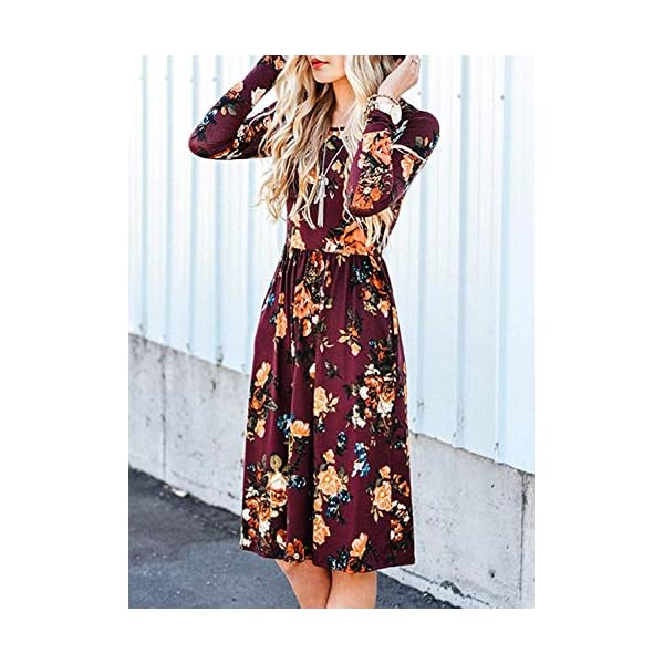 ZESICA-Womens-Long-Sleeve-Floral-Pockets-Casual-Swing-Pleated-T-Shirt-Dress ZESICA Women's Long Sleeve Floral Pockets Casual Swing Pleated T-shirt Dress,Small,Burgundy Burgundy Small