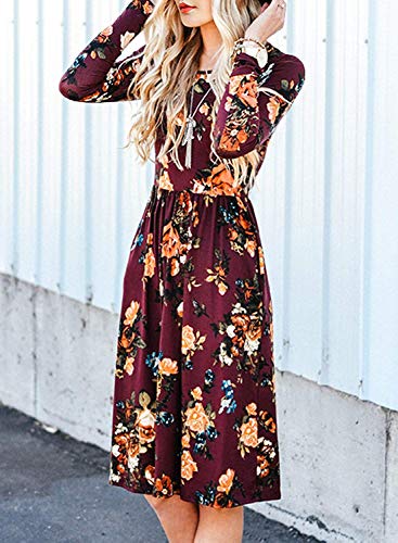 ZESICA Women's Long Sleeve Floral Pockets Casual Swing Pleated T-shirt Dress,Small,Burgundy Burgundy Small