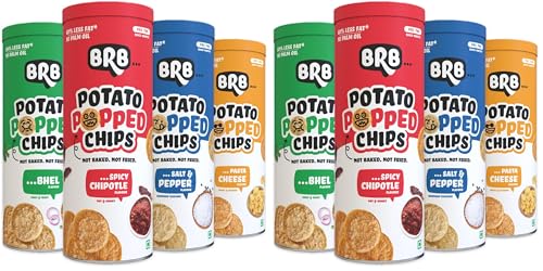 Image of BRB Popped Potato Chips | Not Baked, Not Fried | 4 Tubs X 85 Grams | 4 Flavours - Bhel, Spicy Chipotle, Salt & Pepper, Pasta Cheese | 60% Less Fat | Low Calorie | Healthy Snack (Pack of 2)