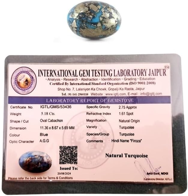 Real Original Firoza Turquoise Gemstone for Men and Women โ Oval Shaped for Ring and Pendant Premium Turquoise Jewellery - The Stone of Compassion and Success 5.18 Carat