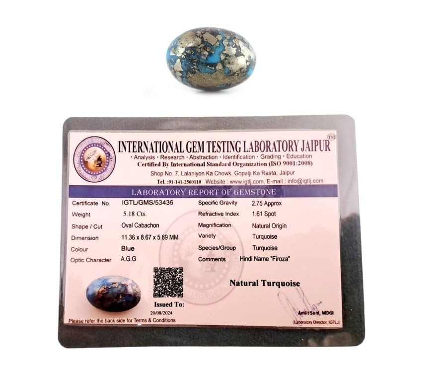 Real Original Firoza Turquoise Gemstone for Men and Women – Oval Shaped for Ring and Pendant Premium Turquoise Jewellery - The Stone of Compassion and Success 5.18 Carat