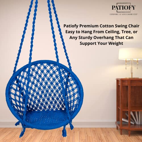 Image of Patiofy Cotton Netted Round Large Swing for Adults /Swing for Balcony /Swing Chair for Adults for Home /Hammock Swing for Adults /Swing Chair Wooden /Without Hanging Kit (120Kgs Weight Capacity- Blue)