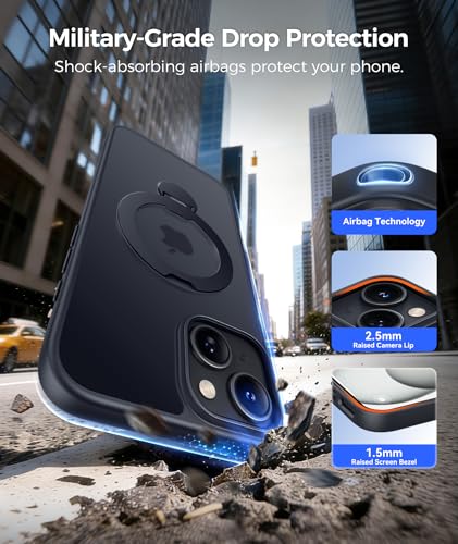 Image of FNTCASE for iPhone 15 Plus Case: iPhone 14 Plus Phone Case [360 Spin Magnetic Stand] [Compatible with Magsafe] [Screen Protector] Translucent Matte Military Grade Shockproof Phone Cover - Black