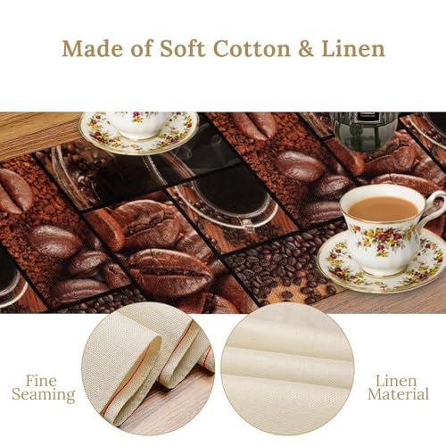Image of Coffee Print Table Runner Rectangle Modern Art Coffee Cup Coffee Bean Abstract Heart Non-Slip Print for Dining Room Kitchen Living Room Party 13x36 inch