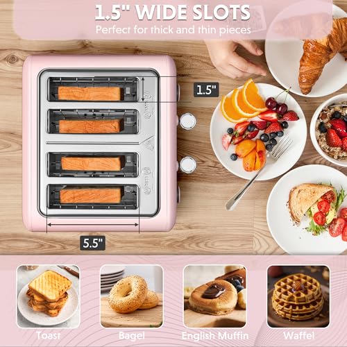 Image of BUYDEEM DT640 4-Slice Toaster, Extra Wide Slots, Retro Stainless Steel with High Lift Lever, Bagel and Muffin Function, Removal Crumb Tray, 7-Shade Settings,Pink
