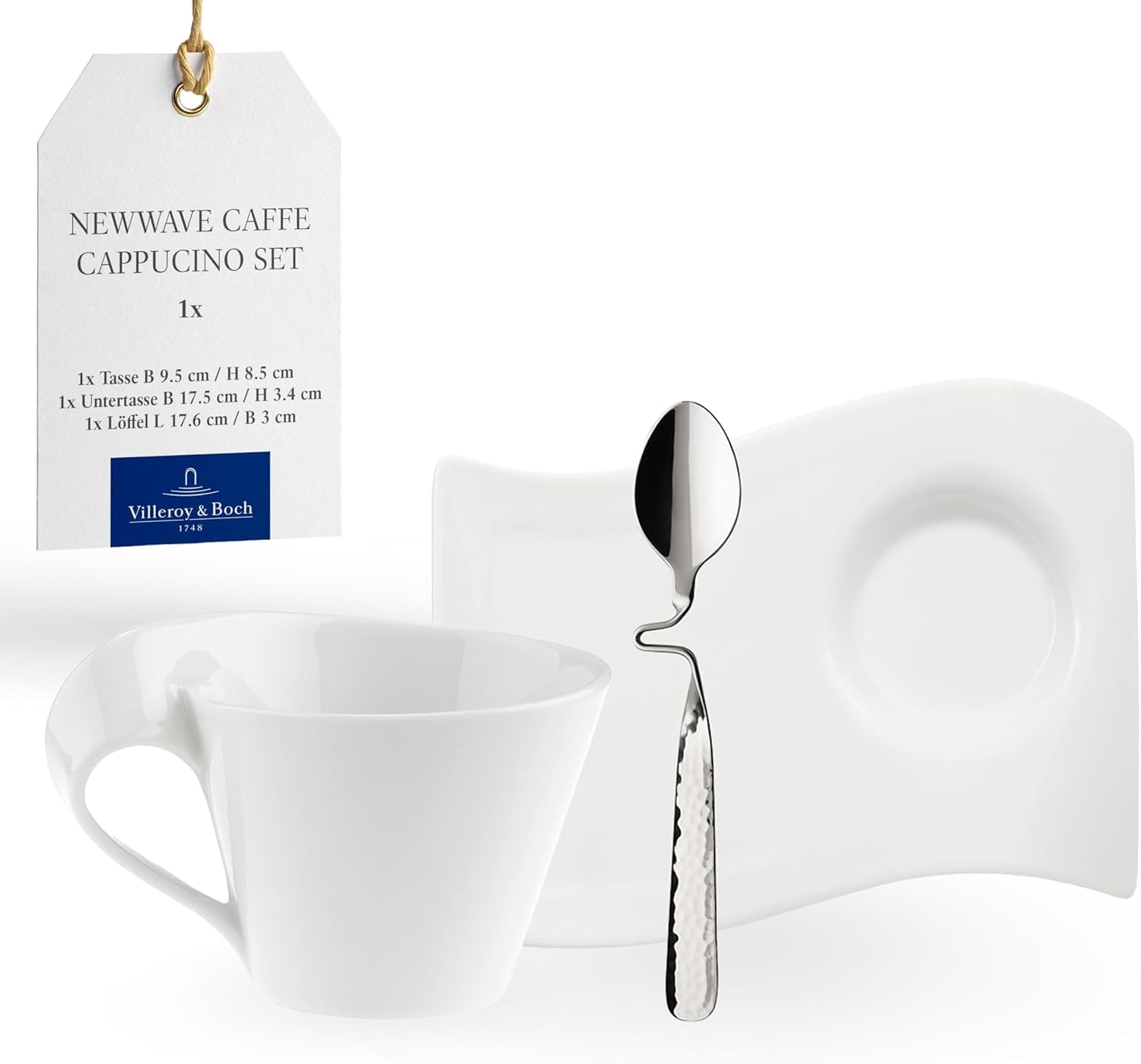 Villeroy & Boch - Newwave Caffè Cappuccino Tassen Set, Spülmaschinenfest, Mikrowellensicher, Cappuccinotassen, Kaffee Geschirr Set, Tasse, Untertasse, Löffel, Premium Porzellan, Edelstahl
