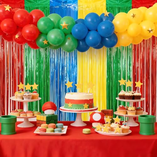Image of 4 Packs Blue Red Green Yellow Foil Fringe Curtain, Blue Red Green Yellow Glitter Metallic Tinsel Backdrop for Birthday, Baby Shower, Video Game Theme Party Decorations Supplies