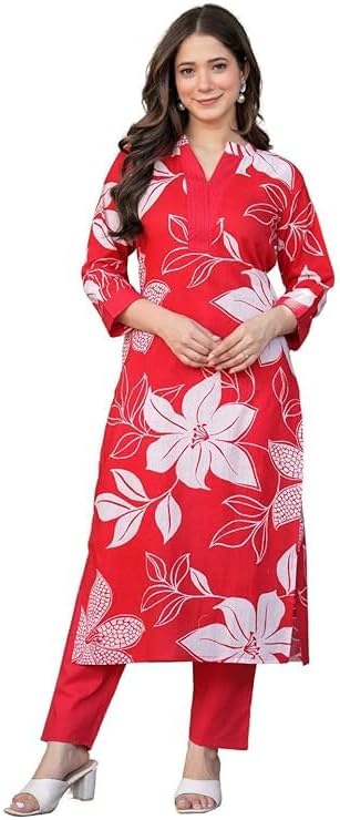 MEERA FAB Women's Pure Cotton Printed Ethnic Wear Straight Kurta Set with Palazzo Pants