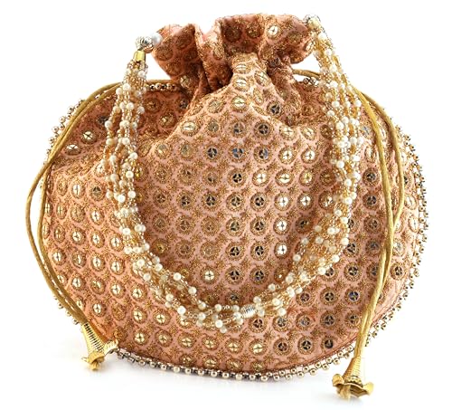 Image of Potli Bag Golden work wedding potli for ladies Gift for women handbags traditional Indian Wristlet with Drawstring Ethnic Embroidery Fashion Potli.