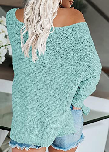 Laicigo Women’s Off Shoulder Knit Sweaters Oversized V Neck Batwing Sleeve Loose Lightweight Pullover Tops (Large, Cyan Blue) #TOP2