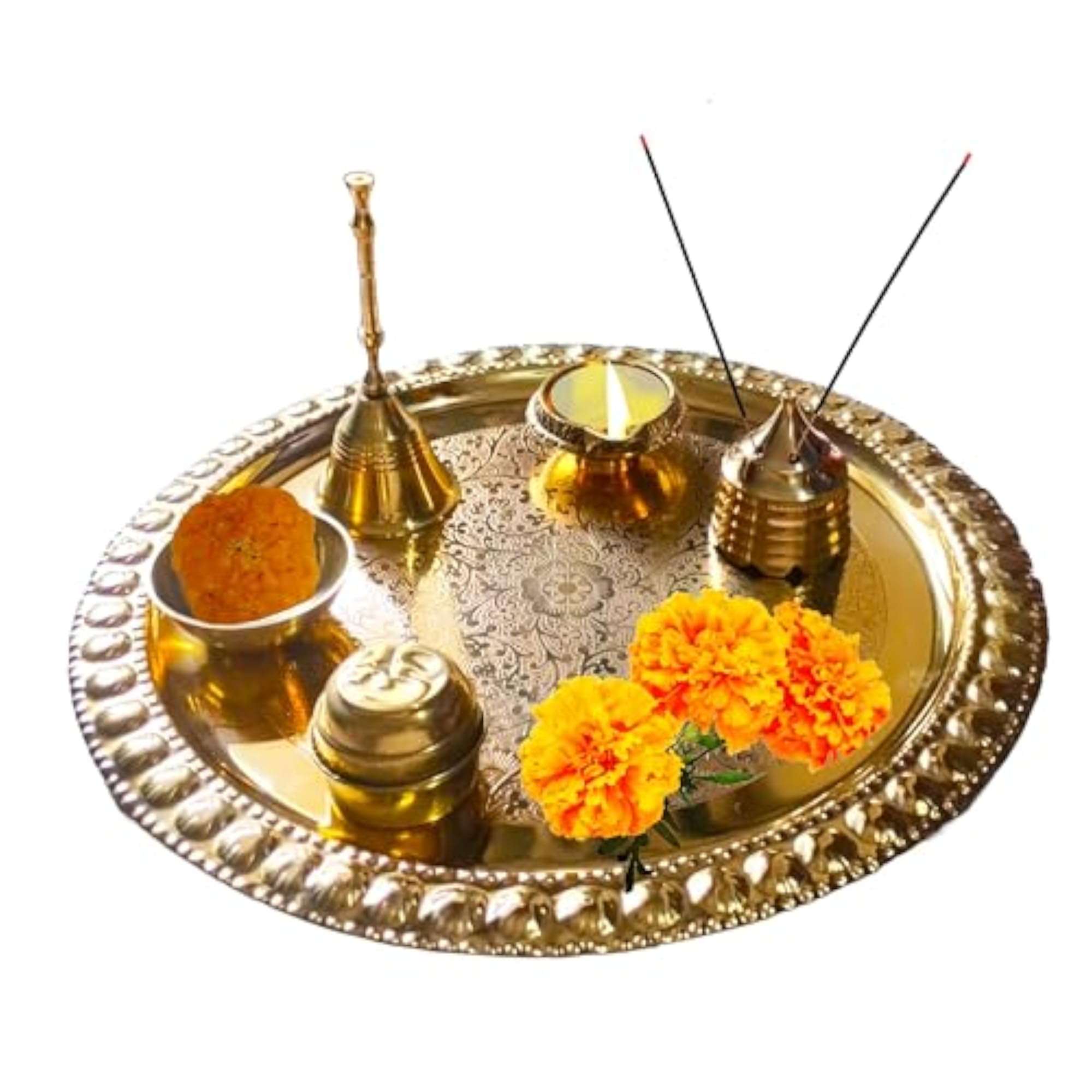 Pure Glossy Designer Brass Puja/Pooja Thali Set with Ganti/Bell