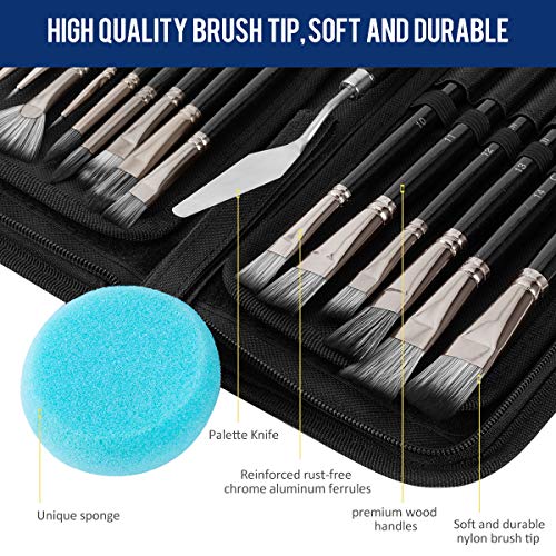 Cozii Art Paint Brushes Set, 15 Different Sizes Acrylic Paint Brushes + 1 Painting Knife + 1 Sponge for Acrylic Oil Watercolor and Gouache Paint, Perfect for Artists, Kids, Adults