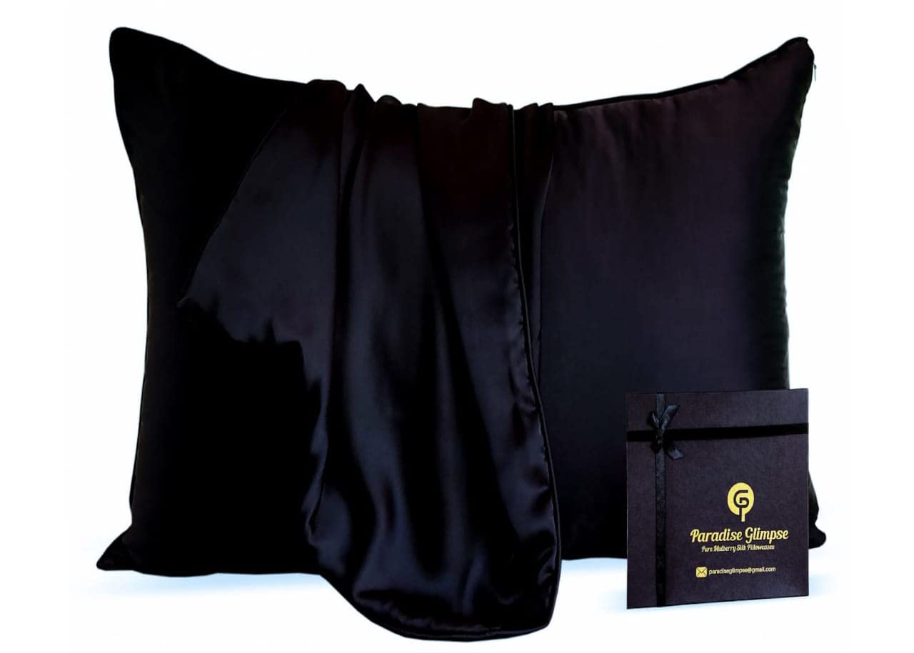 PARADISE GLIMPSESilk PillowCase 19 Momme 100% Pure Mulberry Charmeuse Silkpillow Good for Skin and Frizzy Hair. Handcrafted Self Piping allergenic resistant (Queen, Midnight Black)