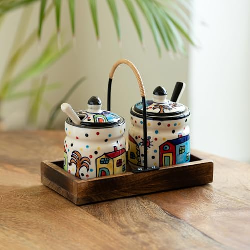 Image of ExclusiveLane 'Hut Handpainted' Ceramic Pickle Jars for Dining Table With Spoon & Wooden Holder (Set of 2, 280 ml) |Pickle Jar With Spoons Achar Jar Set for Dining Table with Spoon Container